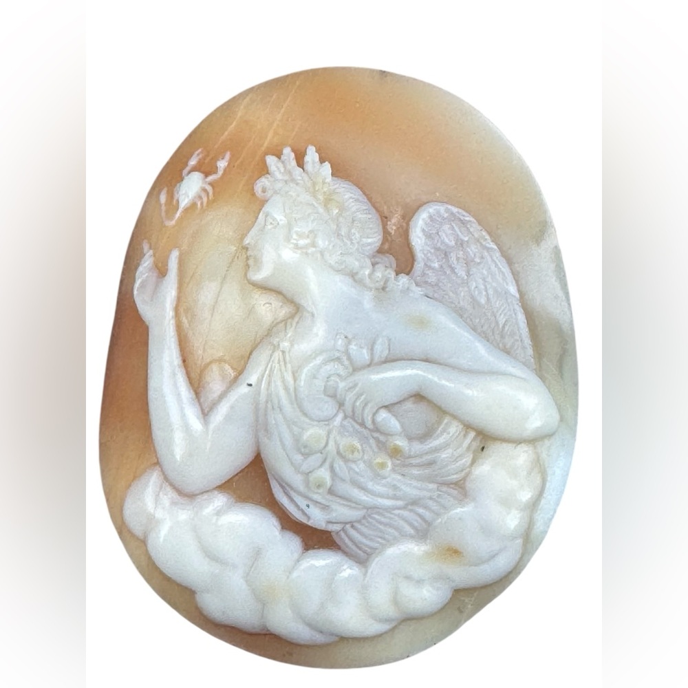 Antique Art Deco Unset Stunning Coral Shell Carved Angel Cameo with Scorpion